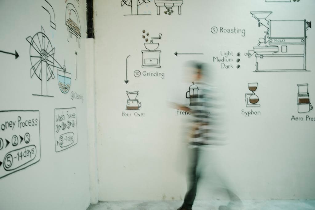 Blurred person walking past a wall illustrated with a coffee-making process diagram, showing roasting, grinding, and brew methods.