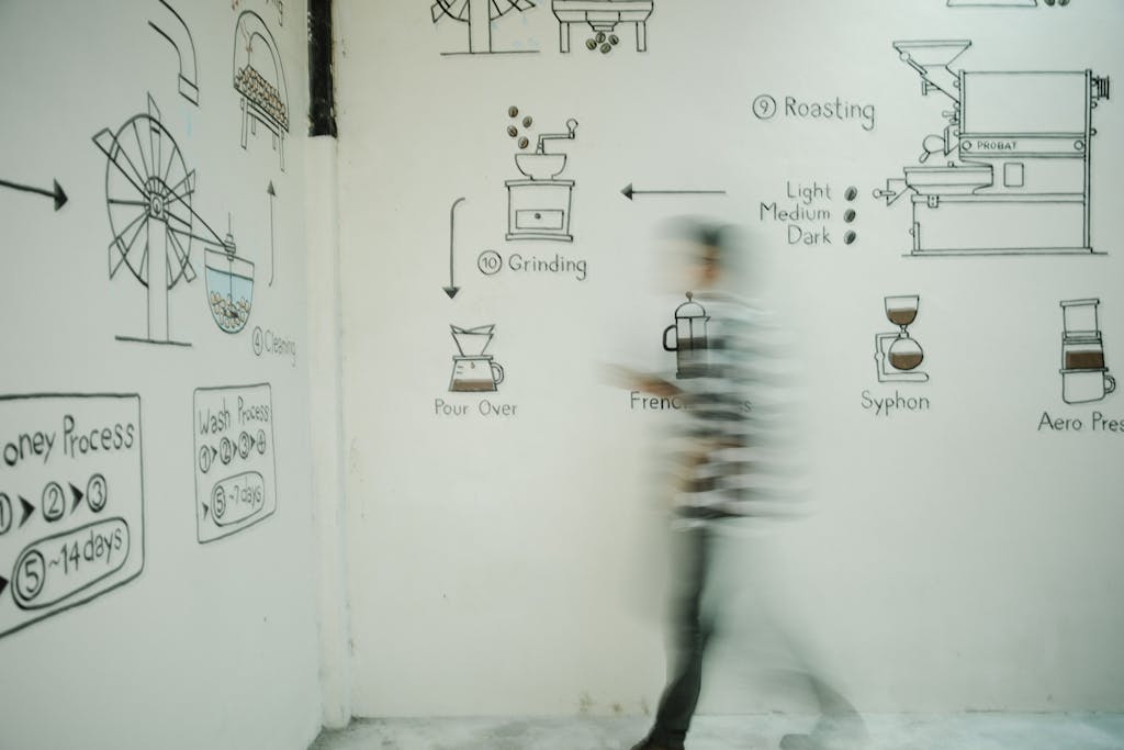 A person walks past a wall illustrating the coffee brewing process. Blurred person walking past a wall illustrated with a coffee-making process diagram, showing roasting, grinding, and brew methods.